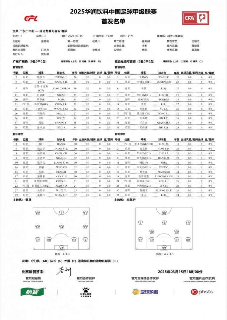 廣州豹vs延邊龍鼎首發(fā)：卡洛斯、羅薩、尼康三外援領銜廣州豹