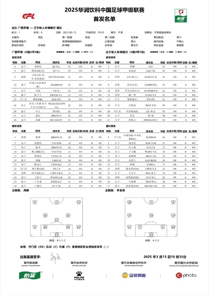 中甲-廣西平果vs遼寧鐵人首發(fā)：三外援對決三外援，安以恩出戰(zhàn)