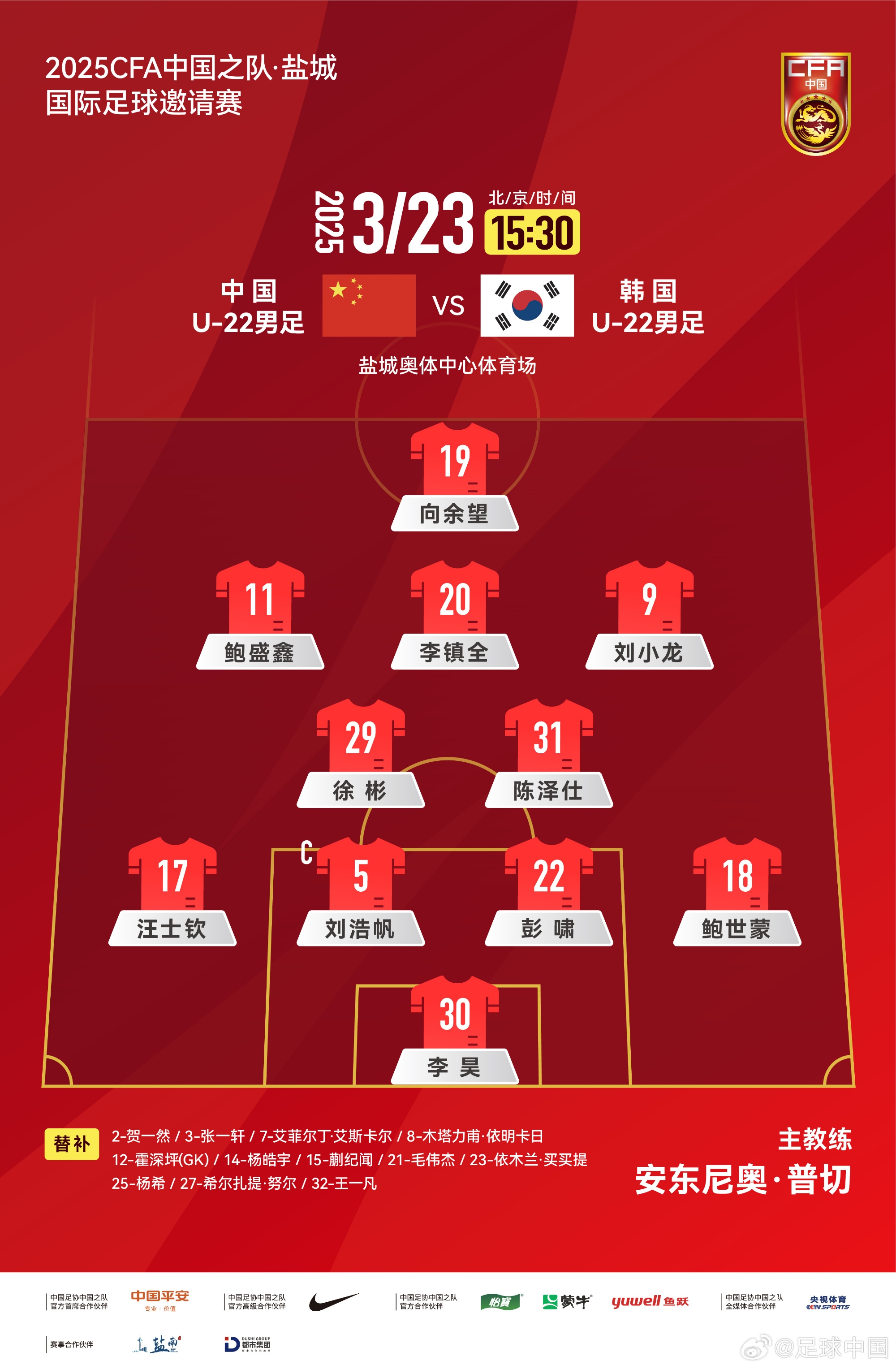 鹽城四國(guó)賽，中國(guó)U-22男足對(duì)陣韓國(guó)U-22男足，中國(guó)隊(duì)首發(fā)陣容