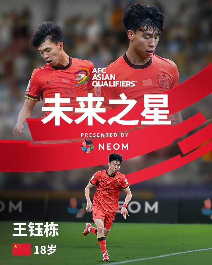 亞洲杯官方社媒發(fā)布王鈺棟個人海報：青年軍的旗幟，飄揚在前哨